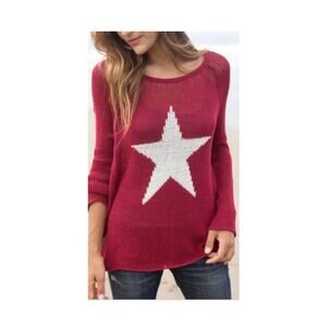 Wooden Ships Red Big Star Crew Oversized Lightweight Sweater M/L Beachy